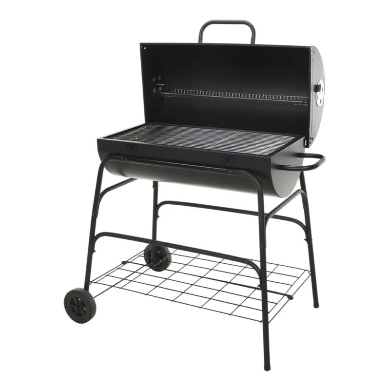 Barbacoa cilindro negro con ruedas y parrilla chapada H.97cm