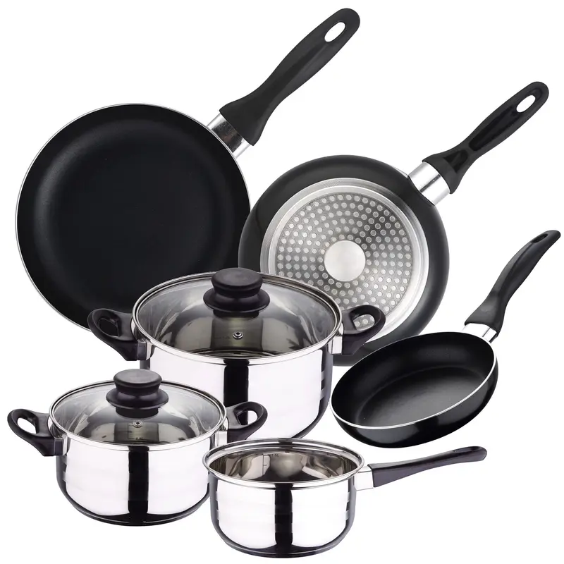 Batería cocina 5pzs acero inox + set 3 sartenes alu