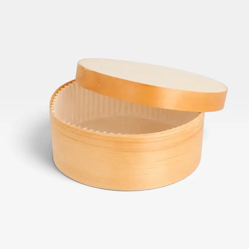 Caja de madera de pino horneable para tarta de queso con tapa. ø8 x 4 cm. 100 ml - 120 Uds.