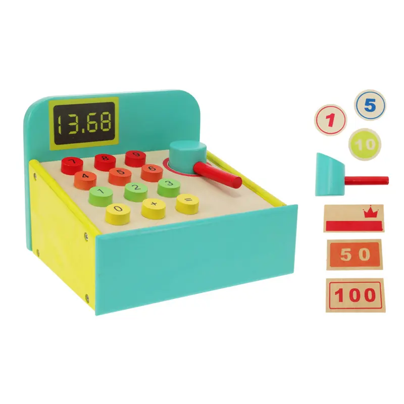 Caja registradora juguete madera 6 monedas 3 tarjetas