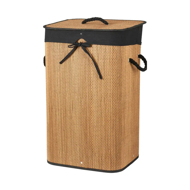 Cesta ropa bambú plegable lino natural detalles negros
