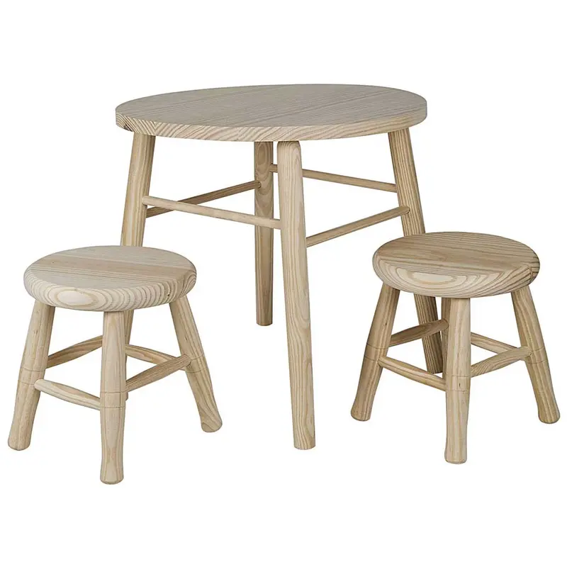Conjunto infantil mesa y 2 taburetes redondo madera de pino