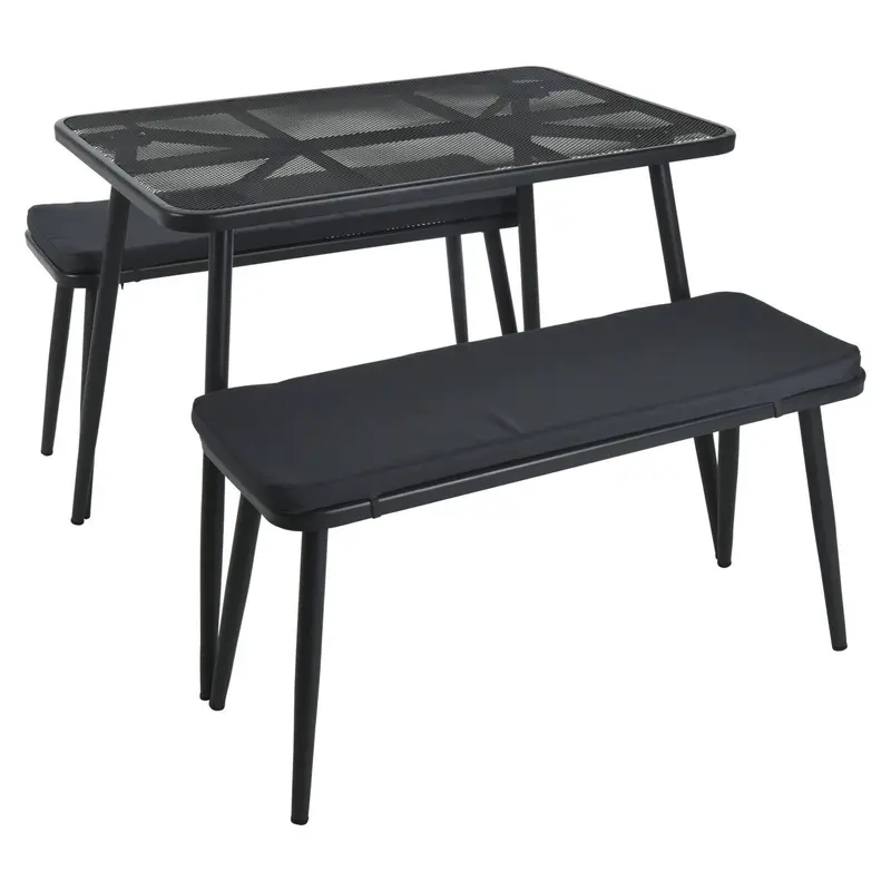 Conjunto jardín mesa y 2 sillas malla y acero con cojines gris