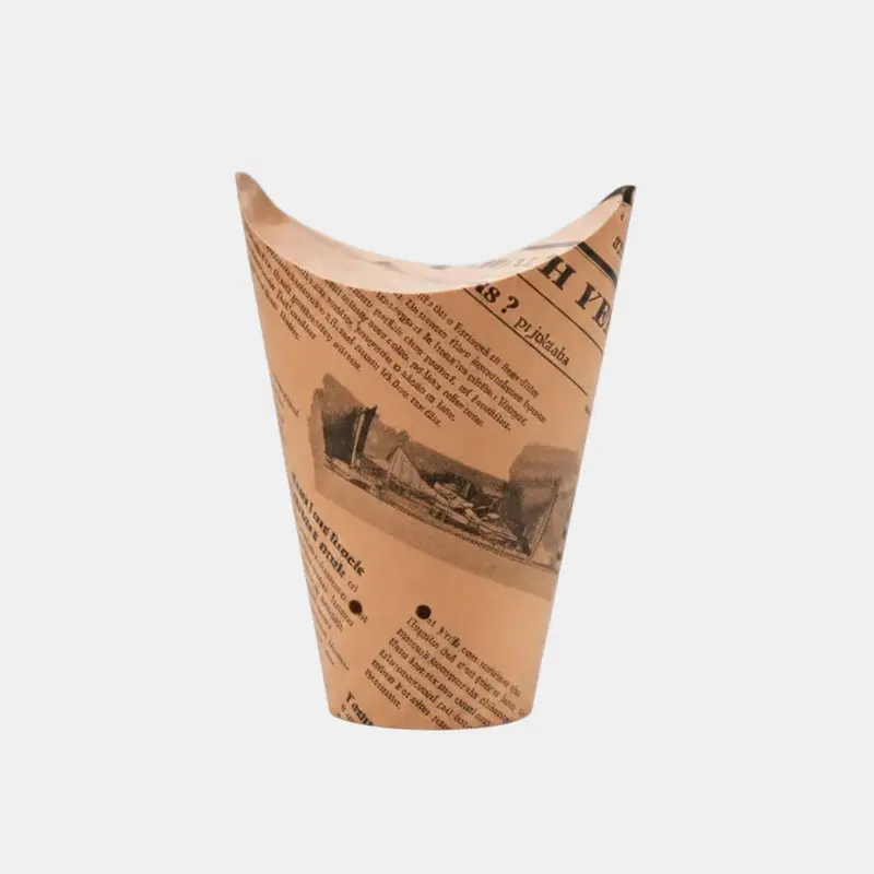 Envase para pastas, tapas y patatas de cartón kraft diseño periódico. ø6 x 10cm 480ml - 1000 Uds.