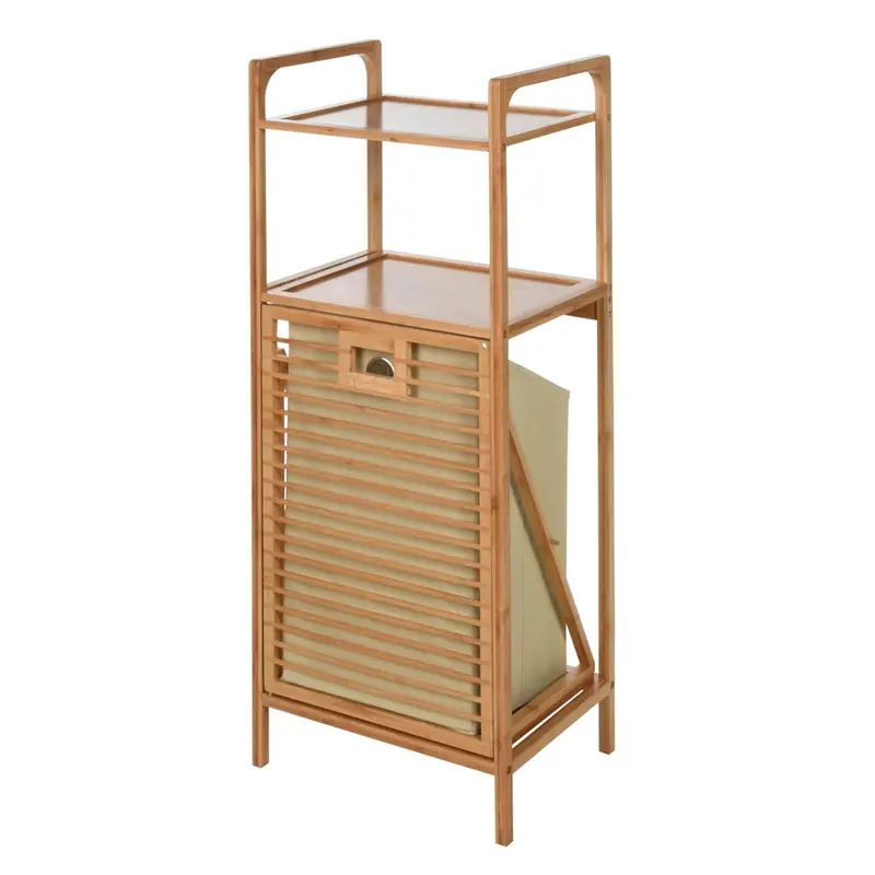 Estantería de baño bambú 2 estantes y bolsa lavandería 40x30x95cm