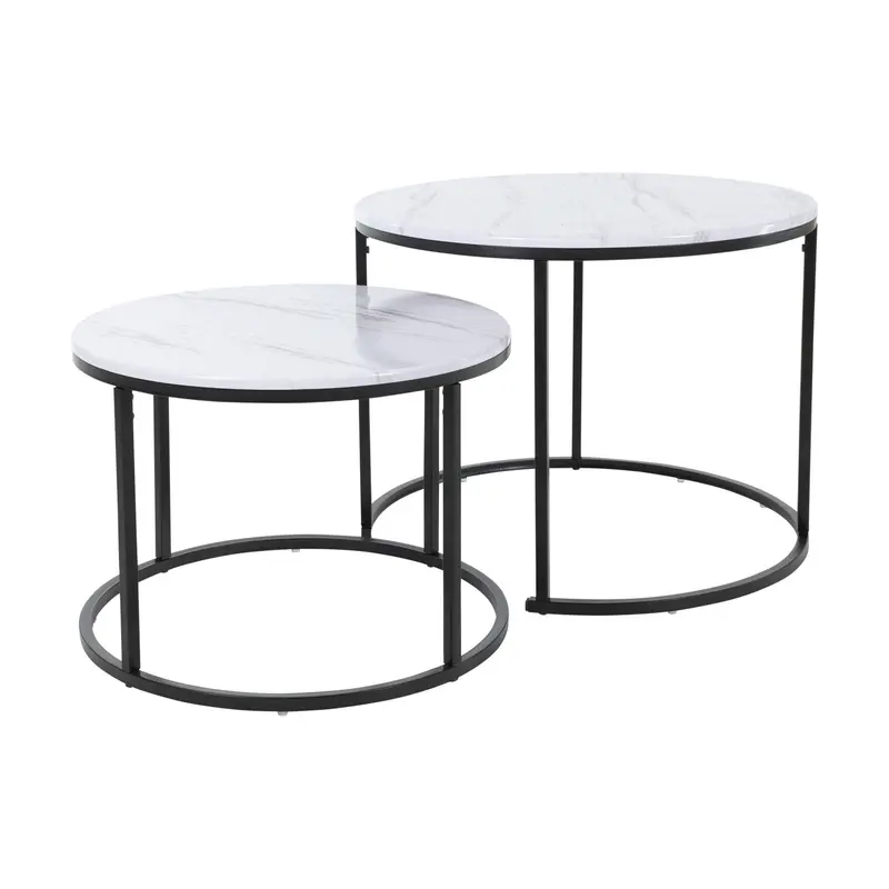 Juego de 2 mesas auxiliares metal blanco acabado mármol Ø50 Ø60cm