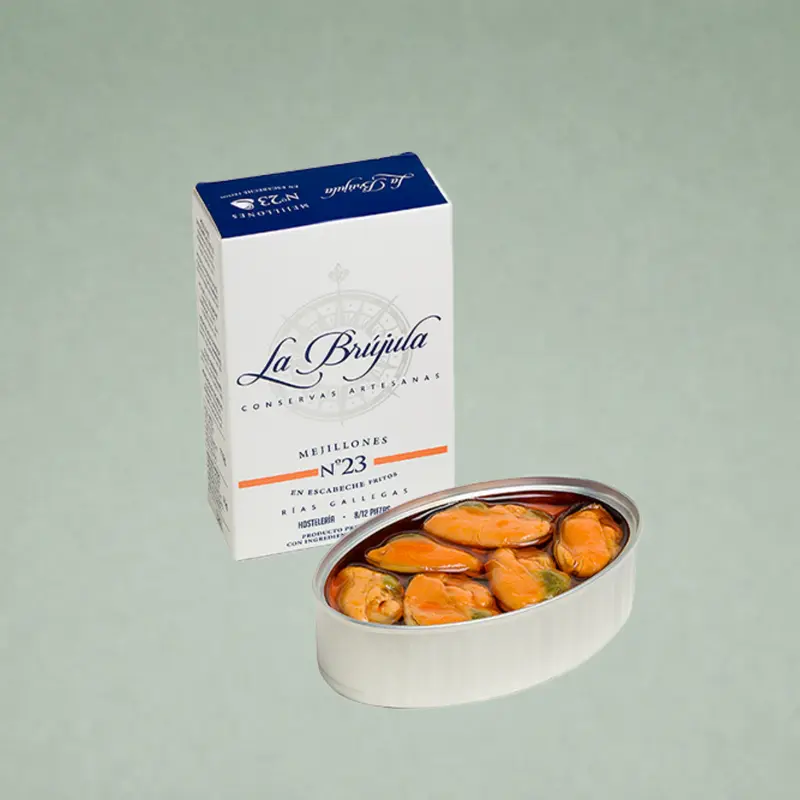 LA BRÚJULA | MEJILLONES EN ESCABECHE FRITOS 8/12 PIEZAS  Nº 23 110gr