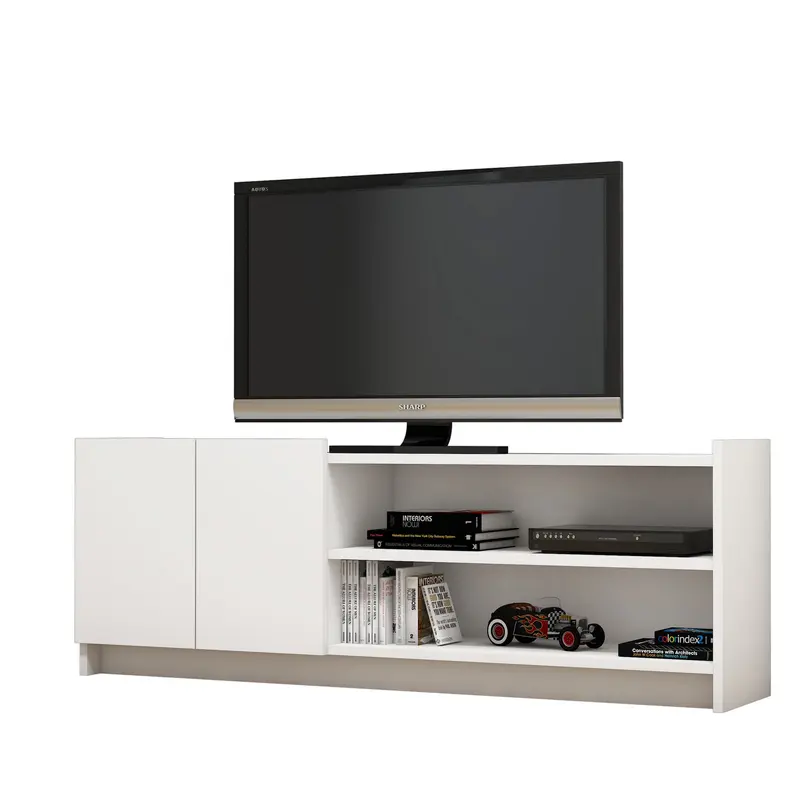 Mesa de TV melamina blanca con compartimentos y cajones 141x50cm