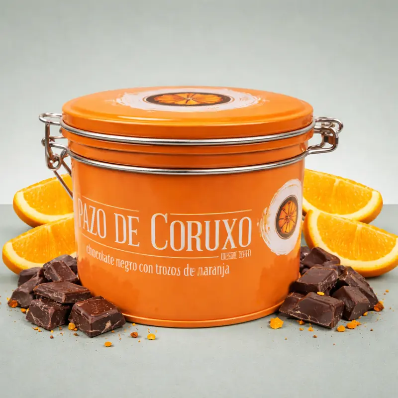 PAZO DE CORUXO | LATA CHOCOLATE NEGRO CON TROZOS DE NARANJA 130GR