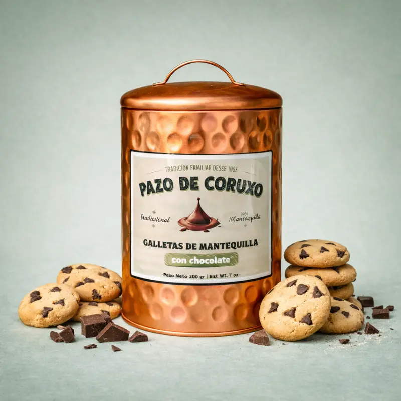 PAZO DE CORUXO | LATA COBRE GALLETAS MANTEQUILLA CON CHOCOLATE 200gr