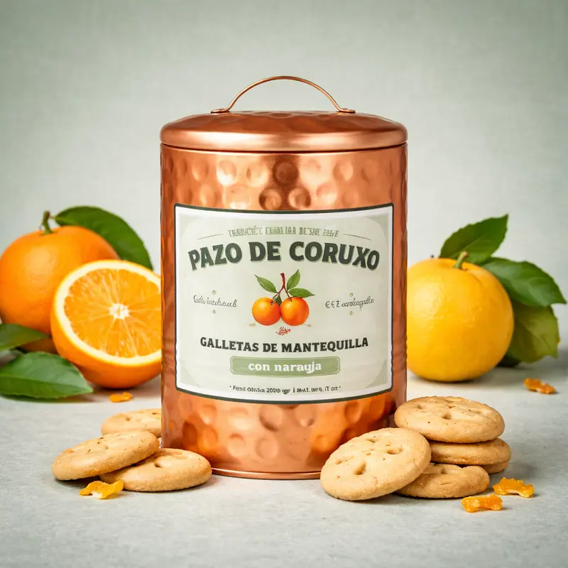 PAZO DE CORUXO | LATA COBRE GALLETAS MANTEQUILLA CON NARANJA 200gr