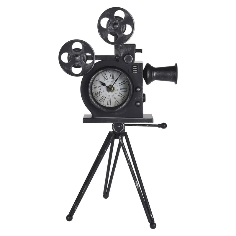 Reloj de mesa diseño cámara de cine metal negro 29x22x53cm