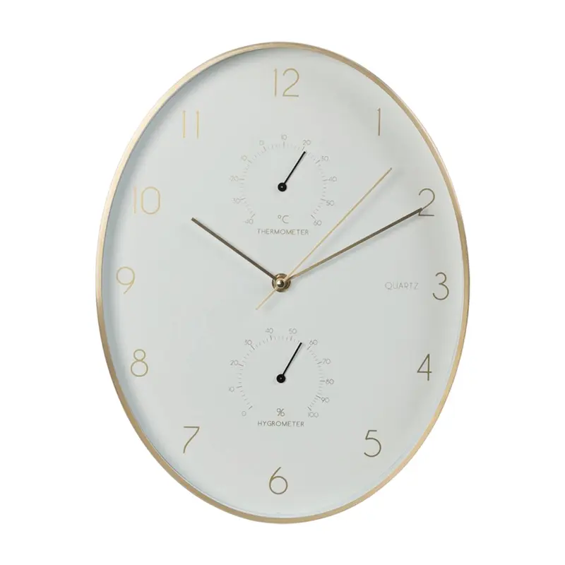 Reloj de pared aluminio borde dorado termómetro higrómetro 34,5cm