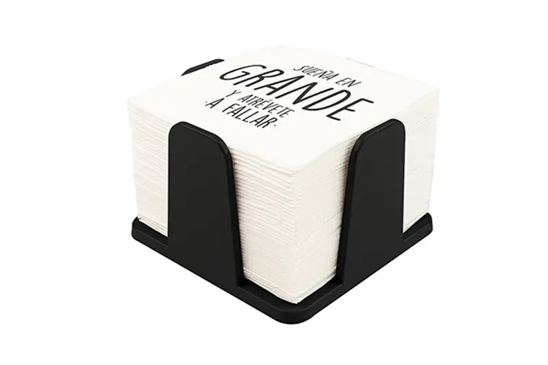 Servilletero 20x20cm PS Negro -c/Servilleta Deco. Frases- 12uds