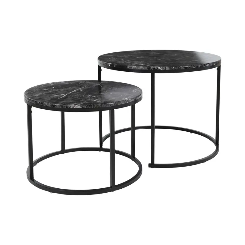 Set 2 mesas auxiliares metal con tablero mármol negro Ø50 Ø60 cm