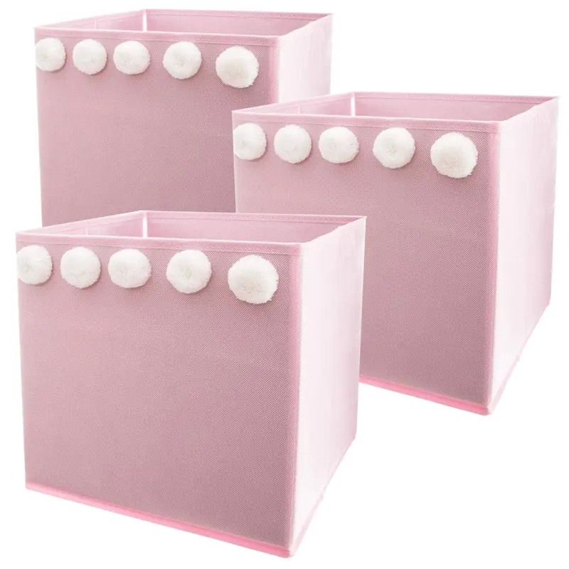 Set 3 cajas almacenamiento infantil con pompones rosa 29x29x29 cm
