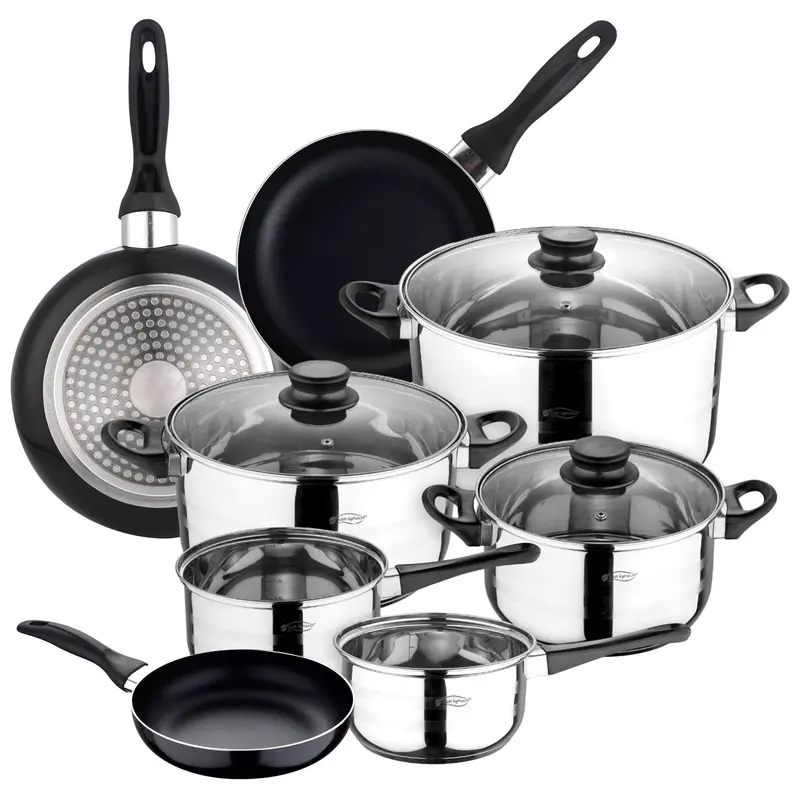Set 3 sartenes alu Ø16-20-24 + batería cocina 8pzs acero