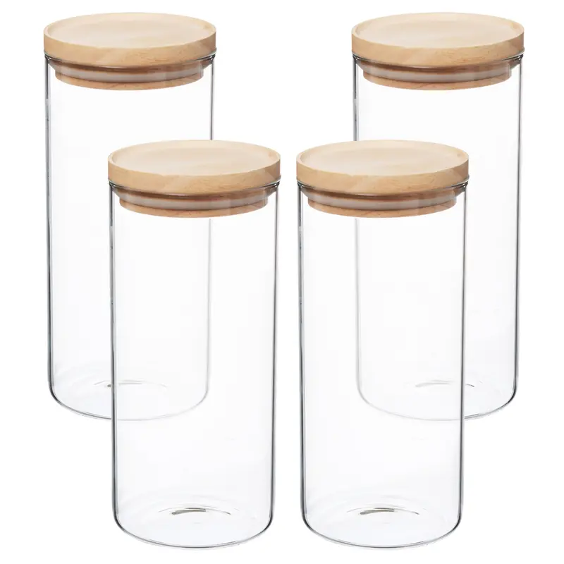 Set 4 tarros vidrio y madera 1,3 L