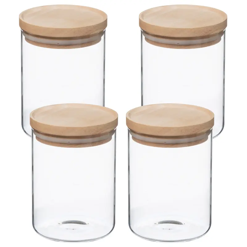 Set 4 tarros vidrio y madera 600 ml